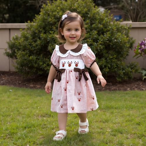 Kids Toddler Girl Christmas Outfit Smocked Dress Reindeer Puff Short Sleeve Elk Plaid Dresses Girls Xmas Clothes3