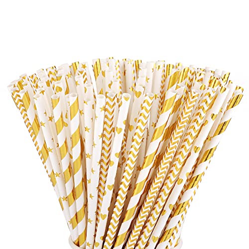 ALINK 100pcs Strohhalm Papier,Gold Trinkhalme Gold Weiß gestreifte Papierstrohhalme Punkt Halme plastikfrei biologisch abbaubare strohhalme cocktail für Hochzeit Geburtstag Party Dekorationen