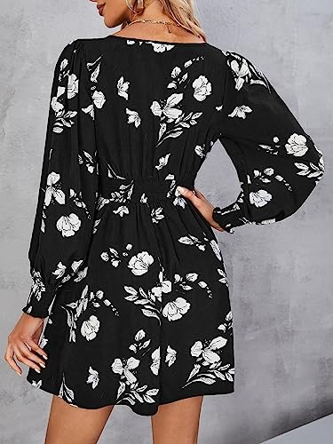 Womens Long Sleeve Trendy Floral Print Lantern Sleeve Dress Short Dresses2
