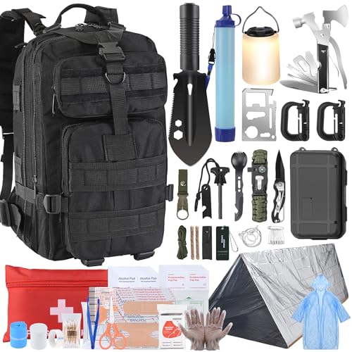 Survival Kit, Survival Gear and Equipment 258 PCS with Water Filter, Emergency Tent, LED Lantern, First Aid Kit Supplies, 25L Backpack for Family, Outdoor Camping, Hiking Gifts for Men Christmas