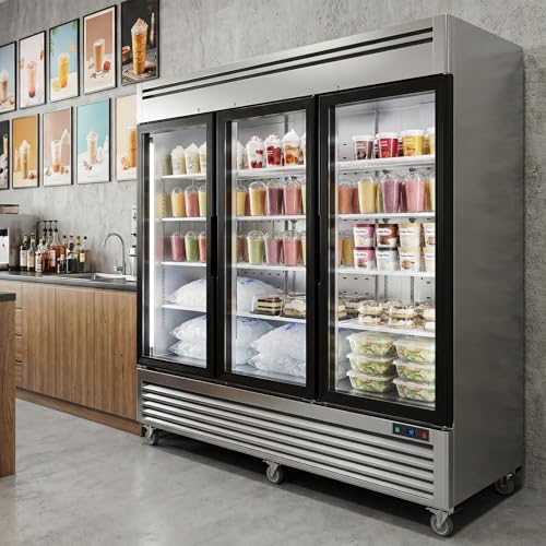 Image of Coolake 82 inch Commercial Freezer 3 Glass Doors, 72 Cu.ft Stainless Steel Reach-in Merchandiser Display Freezer with LED Light, -8 to 0℉ Fan Cooling Upright Freezer for Restaurant Kitchen Garage Store