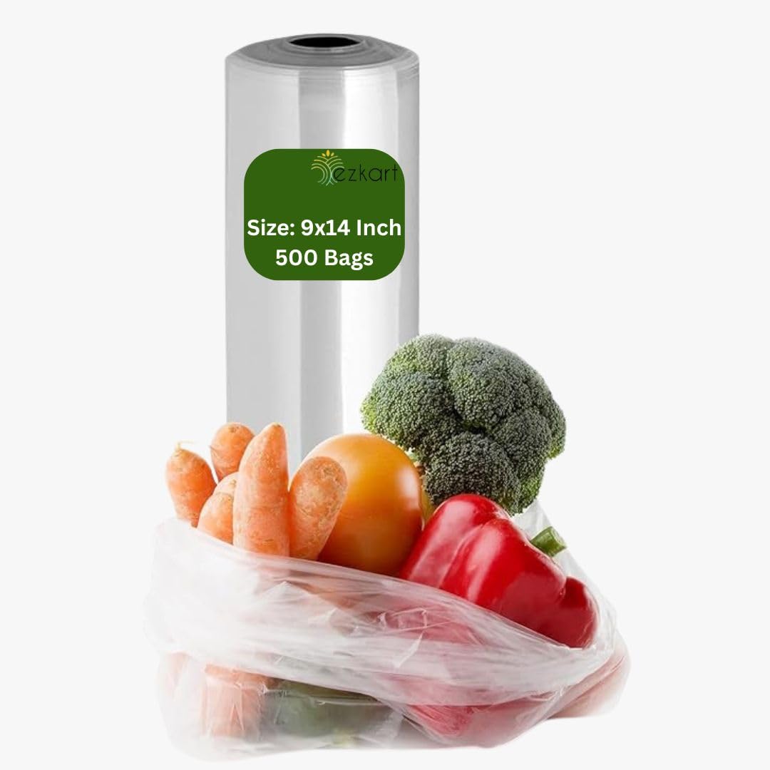 Ezkart Clear 500 Plastic Food Bags On A Roll Ideal For Storing Fresh Fruits, Vegetables, Nuts, Sandwiches, Freezing, And More | Disposable And Reusable For Versatile Use. (500, 9X14 Inch)