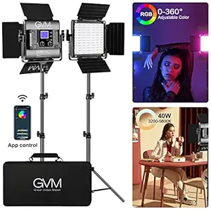 GVM Led Video Light 2 kit with APP Phone Control; 40W Adjustable 7 Colors+ Bi-Colors, CRI97 + / Brightness 0% -100%, Stand + Barndoor + LCD Screen;800D-RGB Lighting for YouTube, Studio