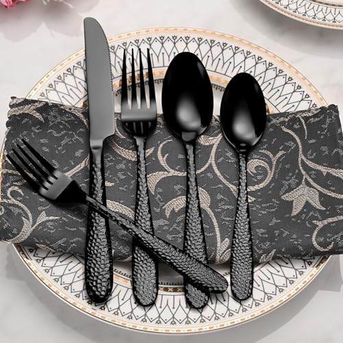 Blackhammeredsilverwareset20pieceheavydutystainlesssteelflatwaresetsfor4foodgradecutlerysetforhomerestaurantmirrorpolisheddishwashersafe Urban Country Home Decor Black hammered silverware set 20 piece heavy duty stainless steel flatware sets for 4 food grade cutlery set for home restaurant mirror polished dishwasher safe urban country home decor