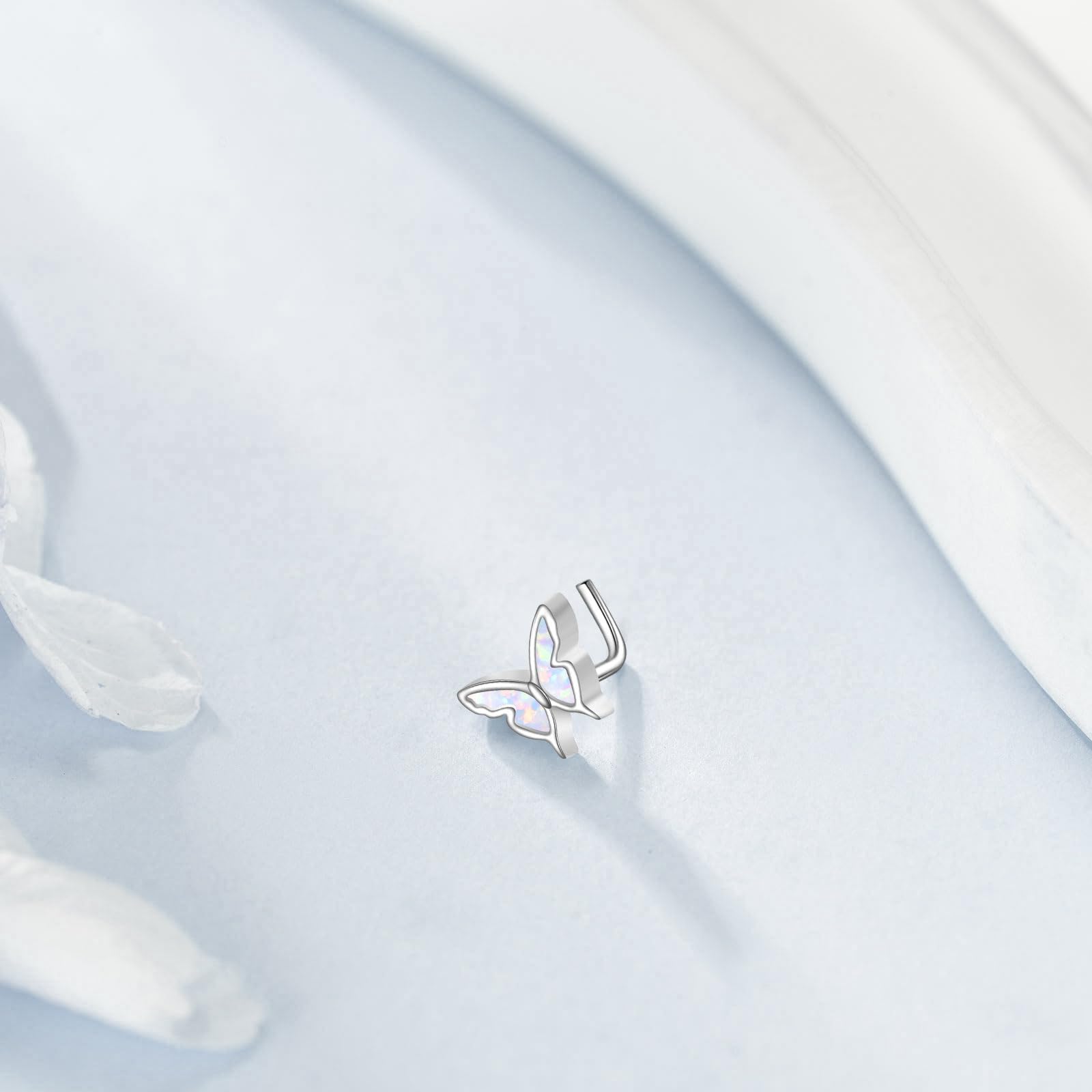 YAFEINI Piercing para la nariz de mariposa de ópalo, plata de ley 925, en forma de L, 20 g, mariposa, piercing para nariz, regalo para mujeres