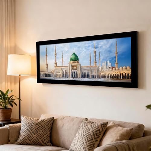 Image of PAINTINGMANTRA Masjid E Nabawi Islamic Arabic Wall Art Framed Luxury Paintings for Home Decoration, Living room, Bedroom and Office Decoration (99x38 CM)