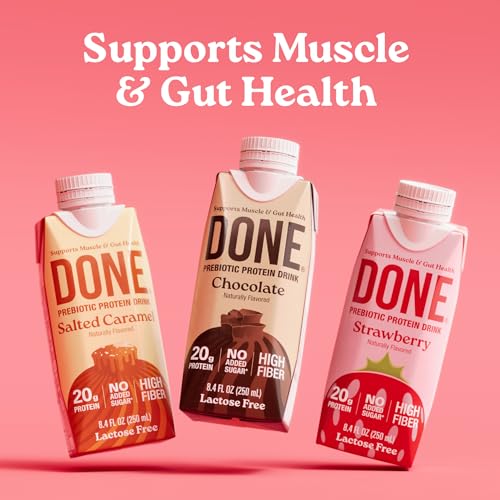 Image of Done Prebiotic Protein Shake, Strawberry, 20g Protein, 8.4oz, 8 Pack | 20g Whey Protein, High Fiber, Prebiotic, Lactose & Gluten Free, No Added Sugar, Ready-to-Drink Shake, 8-Pack