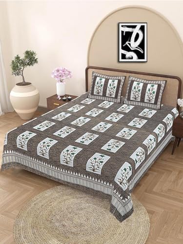 Image of Indian Hand Block Printed 200 TC Cotton Double Size Bedsheet with 2 Pillow Covers 90 By 100 Inches (Multi15)