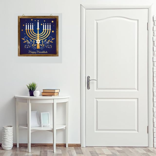 Bidesign (16x16) IN Happy Hanukkah Wooden Square Sign Table Sign Hanging hanukah Party Wall Decor, Jewish Judaism Home Decor for Hanukkah Menorah Christmas Decoration Gift