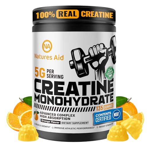 Natures Aid NSF Certified Creatine Gummy 5g - Creatine Monohydrate Gummies – Pre-Workout Energy & Muscle Growth Support for Men & Women | Orange Electrolyte Gummies (135 Count)