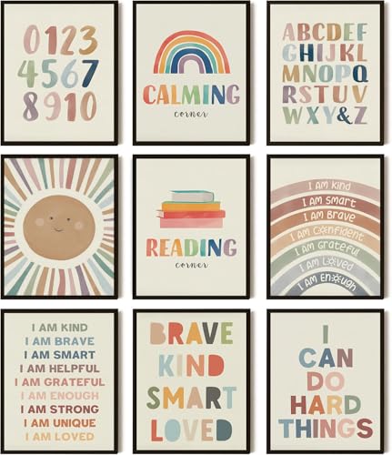 Baby Alphabet Wall Art Set of 9, Boho Rainbow Canvas Posters Prints, Kids Playroom ABC Positive Affirmation Wall Decor Paintings for Kids Room Playroom Nursery Home Decor 8x10In Unframed