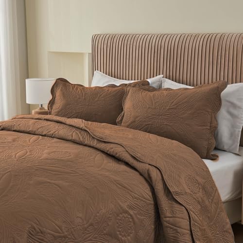 Image of Kingnex Oversized King Bedspreads 128x120 for Extra Wide Tall King or Cal King Bed Ultrasonic Quilted Coverlet Set 3 Piece Include 1 Quilt 2 Pillowcases Coffee