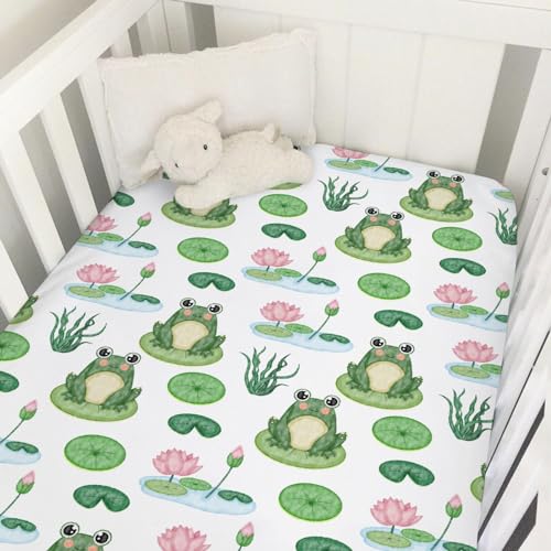 Image of Funny Frogs Flower Leaves Pond Baby Crib Sheets 52''x28'' Water Lilies Lake Stretchy Fitted Crib Mattress Covers for Boy Girl Animal Soft Nursery Bed Sheets for Standard Crib and Toddler Mattresses