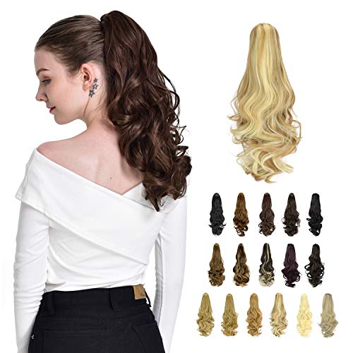 FESHFEN Hair Ponytail Extensions, 19" Claw Clip on Long Hair Piece Pony Tail Wavy Synthetic Natural Looking Hairpieces for Women