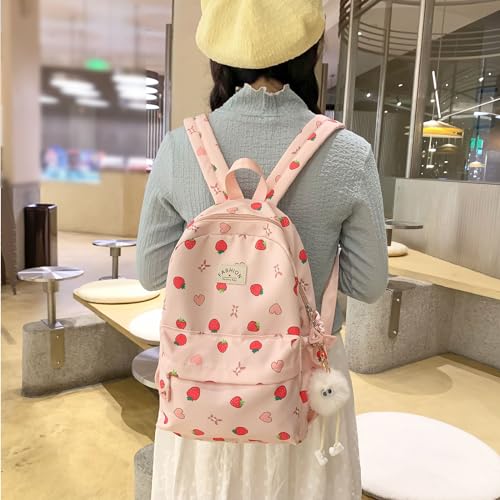 Kawaii Backpack with Cute Accessory Strawberry Printing Casual Bookbags with Pendant Lightweight Travel Daypacks (Pink)2