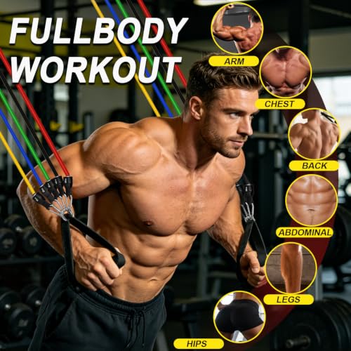 Image of WHATAFIT Resistance Bands, Exercise Bands, Workout Bands with Handles, Door Anchor and Ankle Straps, 5 Resistance Levels Fitness Bands for Strength Training, Physical Therapy, and Home Gym Equipment