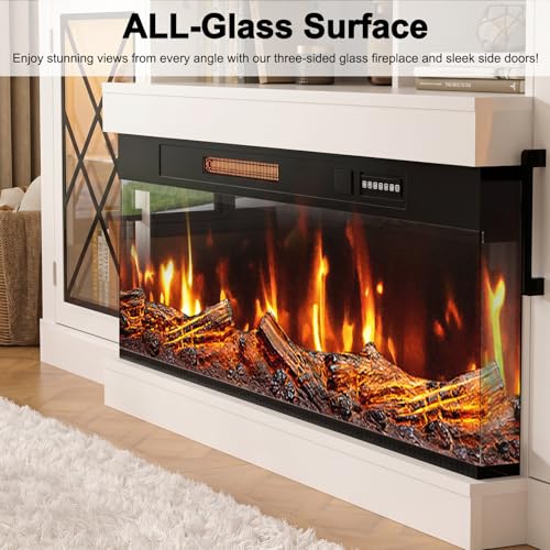 Image of BREEZEHEAT Fireplace TV Stand for TVs up to 90 inch, 3-Sided Electric Entertainment Center with 40 inch LED Fireplace, Media Console w /Storage Cabinet & Glass Doors, 79Inch, White