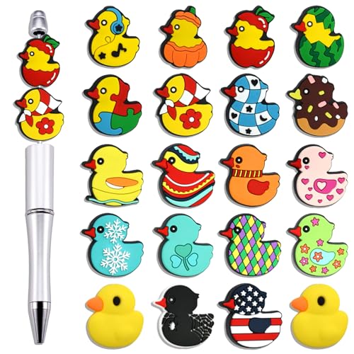 20pcs Duck Silicone Beads, Ducky Focal Beads Colorful Duck Theme Bead for Beadable Pens Keychain Jewelry Making Bracelet Necklace Craft Lanyard