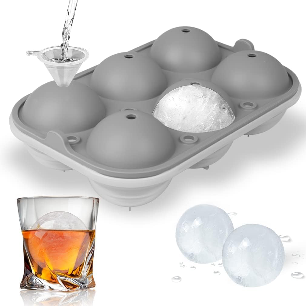 Swanky 2 Pcs(2 Sets) 6 Cavity Reusable BPA Free Food Grade Silicone Round Ice Ball Maker for Whiskey, Cocktail etc (Round 2 Pcs, Gray)