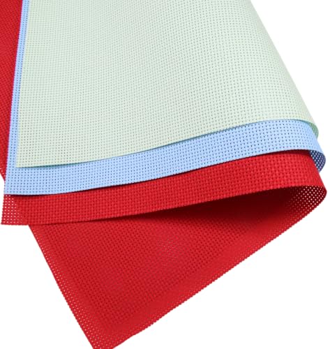 Image of KCS 3 pc of 15 inch x 18 inch(38cmx45cm) 11 Count Cross Stitch Cotton Aida Cloth Needlework Rolled Fabric Box,11CT,Light Blue+Light Green+Red