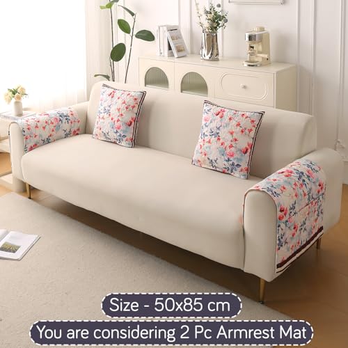 Image of HOKIPO 'Florentina Series' Premium Holland Velvet Sofa Arm Cover with Foam Filling & Anti Slip Backing | 2 Pcs | Scarlet Rose Ivory (IN-876-V4*2S)