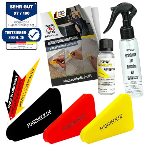 FUGENECK® - Das perfekte Fugenabzieher Set mit allem was du brauchst - einzigartiges Design mit speziellen Überkanten - Für Anfänger und Profis mit Anleitung (3x FUGENECK + Glättmittel + Sprühflasche)
