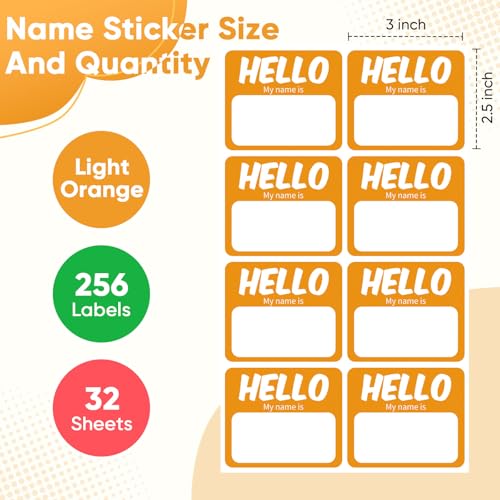 Image of 256 Pcs Name Tags Sticker 3 inchx2.5 inch Hello My Name is Stickers, Light Orange Name Labels Adhesive Identification Name Badges for School, Office, Meeting, Family Parties, Mailing