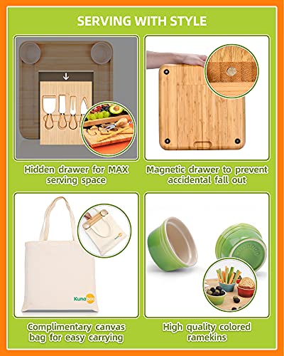 Kunaboo Bamboo Charcuterie Board Set, Green Ramekins, Climate Pledge Friendly Certified Cheese Board With Knife Set (Fsc Certified Eco-Friendly Bamboo), Free Travel Canvas Bag, Cheese Boards Gift Set #TOP3
