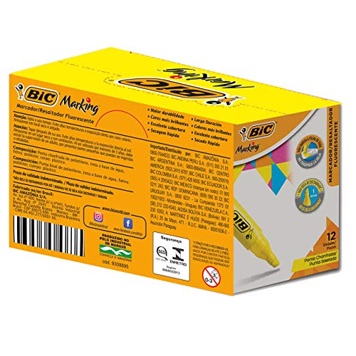 Marcador de Texto Fluorescente BIC Marking, Ponta Chanfrada, 1.5 - 5.5mm, Amarelo, 904396, 12 Unidad