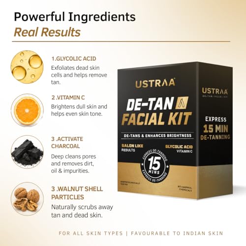 Image of Ustraa De-Tan Facial Kit for Men - 40g | 15 Min Express De-Tanning Facial | Brightens Skin & Removes Tan | Glycolic Acid, Vitamin C & Activated Charcoal | Salon-Like Glow at Home
