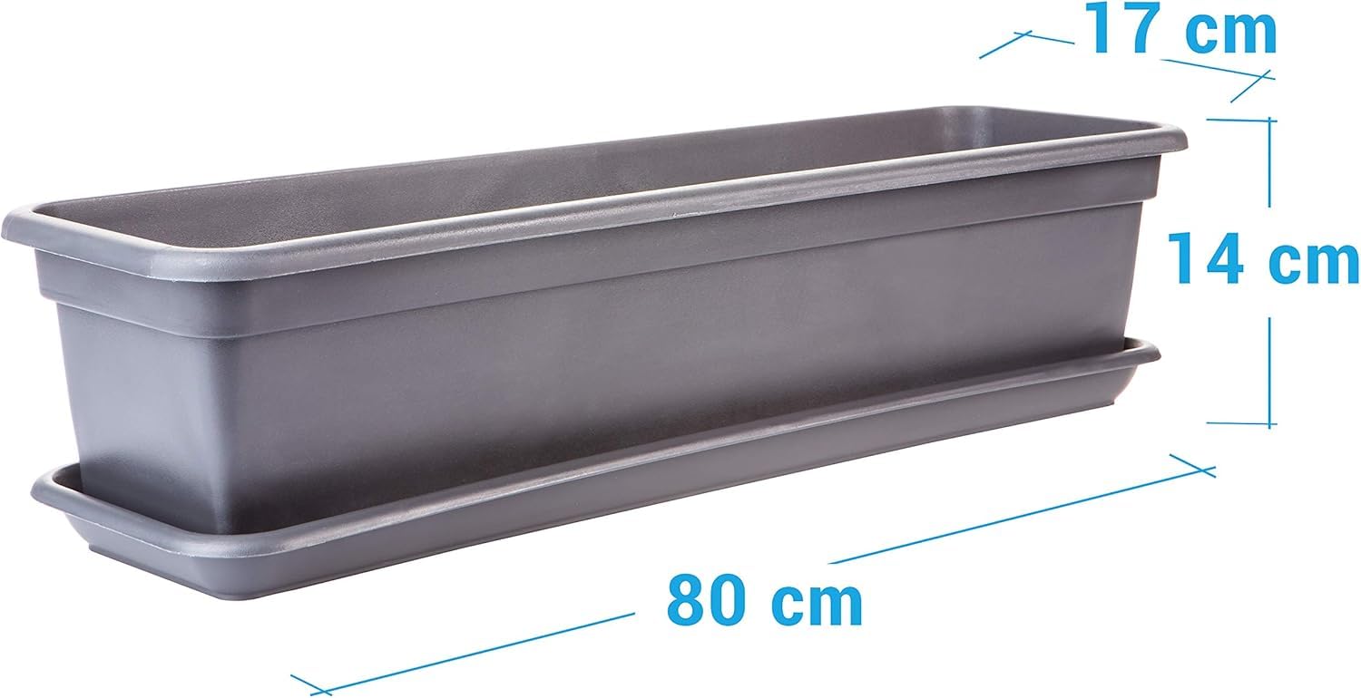 2friends Carl Lot de 6 jardinières de balcon avec soucoupe, 80 cm, en plastique de haute qualité, anthracite, rectangulaire, modèle : Carl, fabriqué en UE
