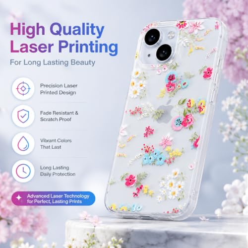Image of SQUIF for iPhone 14 Plus / 15 Plus Back Case Cover Soft Silicone Translucent Matte Floral Printed Camera Protection (White)