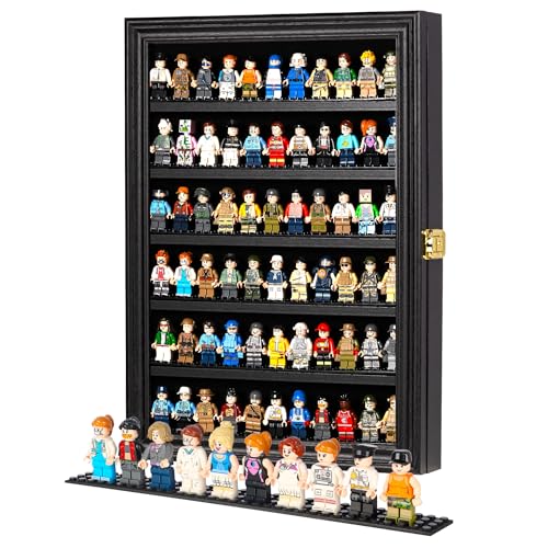 Image of Minifigure Display Case - Building Block Toy Wall Cabinet Showcase for Small Miniature Collectibles Mini Brands Thimbles, 2.25 inch Height Shelf Lockable UV Protection Door (Small - Black Frame)