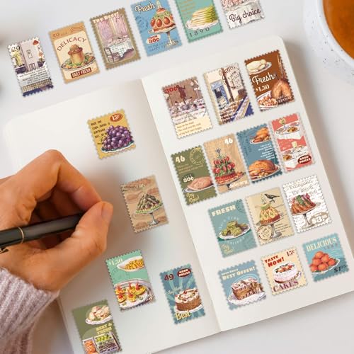 Image of Vintage Aesthetic Food Postage Stamp Stickers for Adults - Classic Fruit Cake Grape Roast Chicken Waterproof Vinyl Stickers | Journal Planner Laptop Scrapbooking Food Stickers