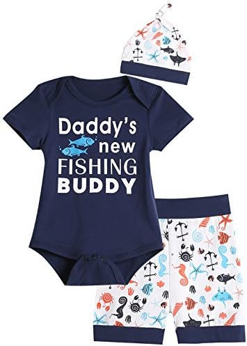 Auggle 3PCS Baby Boys' Daddy's New Fishing Buddy Outfit Set Short Sleeve Bodysuit (3-6 Months) Blue …