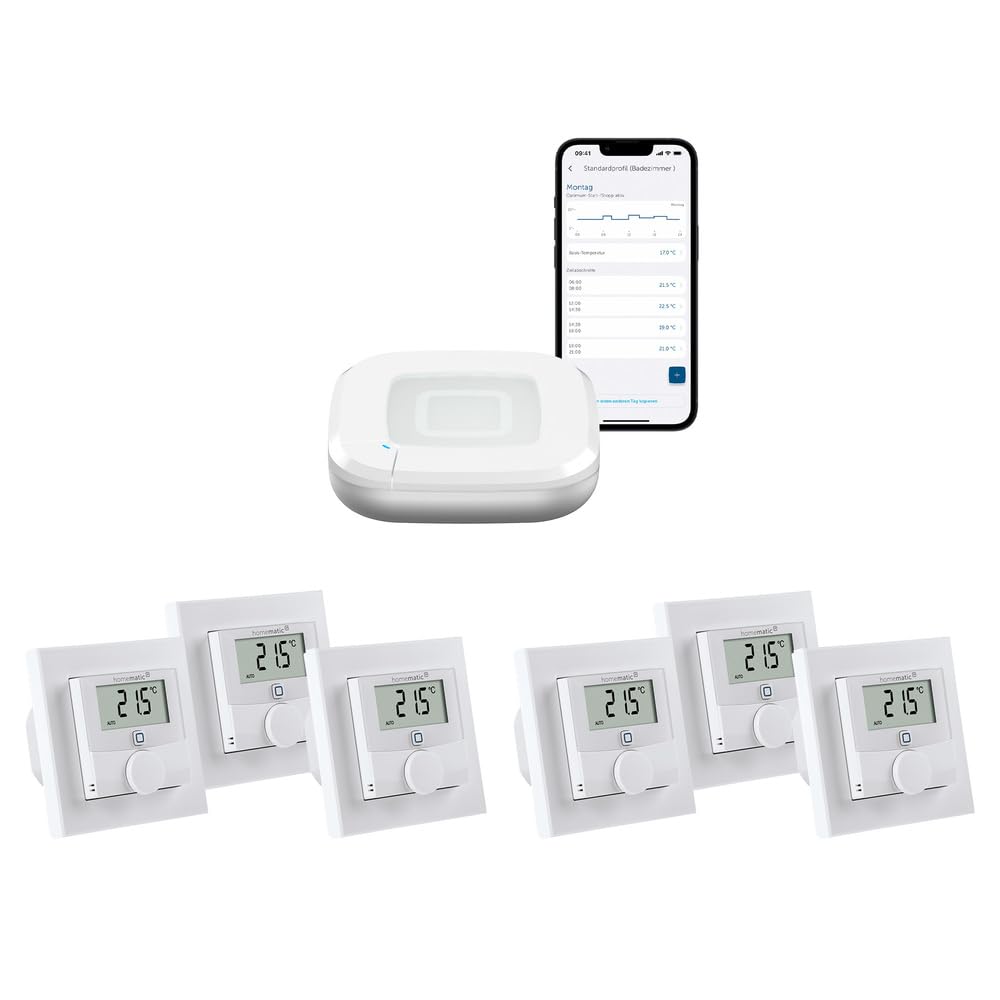 Homematic IP Fußbodenheizungssteuerung zur Einzelraumregelung in 6 Räumen. Inhalt: Access Point und 6 Digitale Raumthermostate mit Schaltausgang. Mit App und Alexa kompatibel.