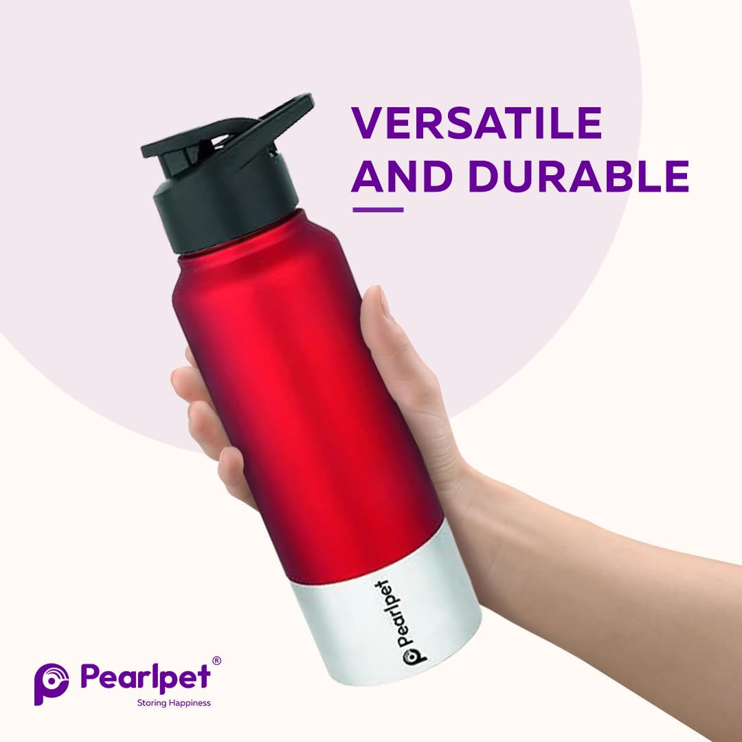 PEARLPET Sportskool Round Stainless Steel Single Wall Water Bottle 750ml | Leakproof, Durable, Reusable | For Gym, School, Office, Fridge Use | Pack of 1 (Red) 2