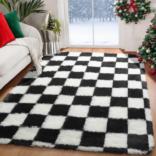 KICMOR Area Rugs for Bedroom Living Room, 4x6 Black and White Fluffy Soft Checkered Rug Fuzzy Shag Shaggy Carpet, Indoor Plush Floor Rugs for Kids Boys Girls Teen Dorm Nursery Home Decor Aesthetic