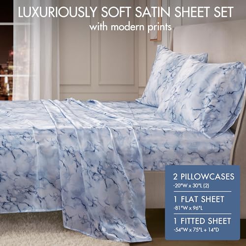 Image of Madison Park Essentials Satin Sheets Full Size Bed Set, 4 Pcs, Blue Marble | Luxury and Smooth Silky Bedding with Natural Sheen, All Around Elastic 14 inch Pocket fits up to 16 inch Mattress, Year-Round Cozy