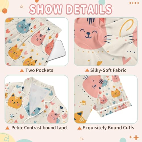 senya Cat Rainbow Head Satin Summer Pajama Sets Silk Short Sleeve Button Down Sleepwear3