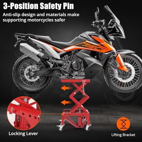 Image of Hydraulic Motorcycle Lift Jack Table, 350 lbs Capacity Heavy Duty Motorcycle Scissor Jack Lift with Wide Deck, J-Hooks, 4 Wheels, Hydraulic Foot Operated Jack Stand for ATV Dirt Bikes