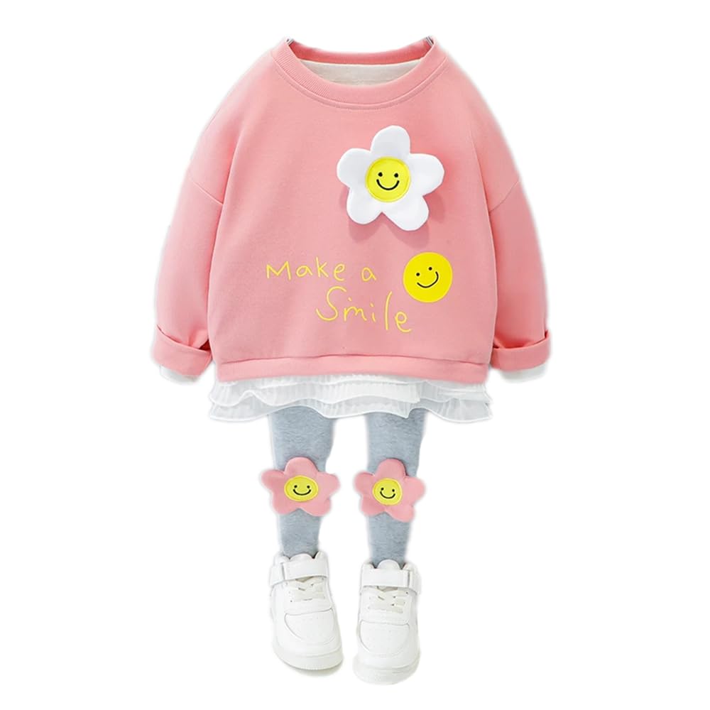 bold n elegant Full Length Girl's Cotton Cute Layered Sweatshirt Top and Jogger Leggings with Happy Face Flower Patch for Infant Toddler Baby Girls-picture-24