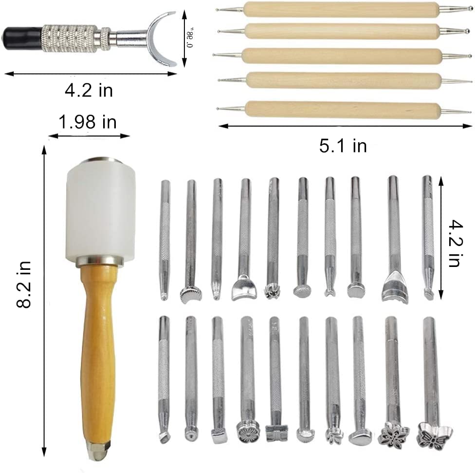 KLLsmDesign Leather Craft Working Suit Set Included Pattern Alphabet Digital Stamp Punch, Dotting Tools, Leather Swivel Knife, Hammer, Roller for Saddle Making, DIY Sculpture Kit