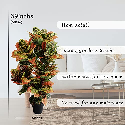 momoplant Artificial Croton Plant,FauxFiddleLeaf fig Tree,Artificial Trees for Home Decor,Floor Plant Front Porch Plants with Plastic Pot,Silk plants for home decor indoor,Fake FicusLyrata Tree,39inch