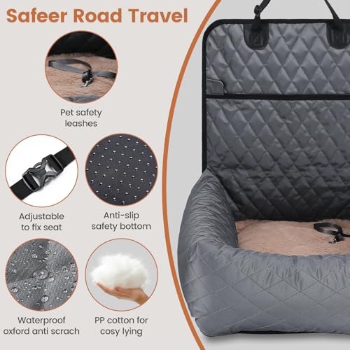 Hundebett Autositzbezug Pet Car Booster Seat 2 in 1 Front Back Protector Pet Lookout Tragbarer Autositzabdeckung Hundetransport Vordersitz mit dickem Zwinger und Sicherheitsgurt (Grau, 2)