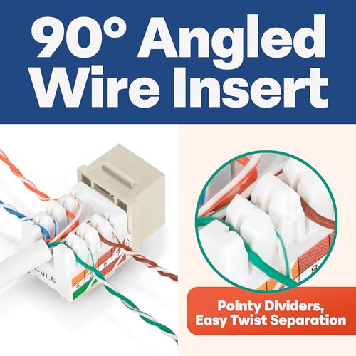 Image of Everest 90 Degree RJ45 Cat6 Keystone Jacks Slim Profile 10-Pack Ivory | Compatible with 90 Angled Speed Termination Tool - easyJACK (B094WB91H3)