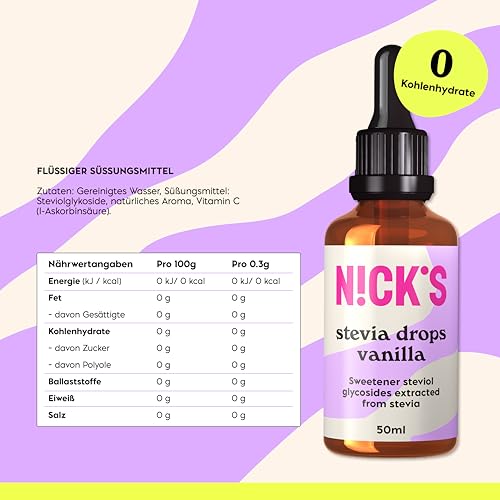 NICKS Stevia Flüssig Flavour Drops Vanille (50ml) Keto Zuckerfreie Tafelsüße ohne Kalorien, Low carb Zuckerersatz, Süßstoff, Flüssigsüße, Alternative zu Zucker, Süßungsmittel mit Pipette