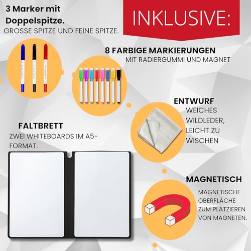 Kleine weiße Tafel, faltbar, abwischbar und tragbar, magnetisches Whiteboard, 2 x A5 + 11 Filzstifte + Reinigungstuch, für Kinder, Büro, Studium, Orange