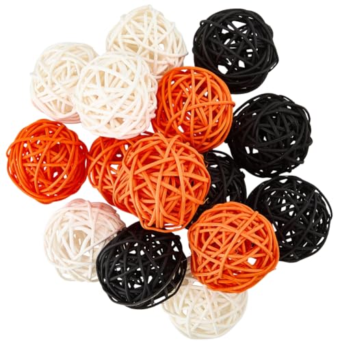 SUNNYCLUE 15Pcs Wicker Rattan Balls Halloween Rattan Balls 2 Inch Round Decorative Autumn Bowl Orbs Vase Fillers Orange Black White Ornaments for Home Party Halloween Tree Wall Decorations DIY Crafts