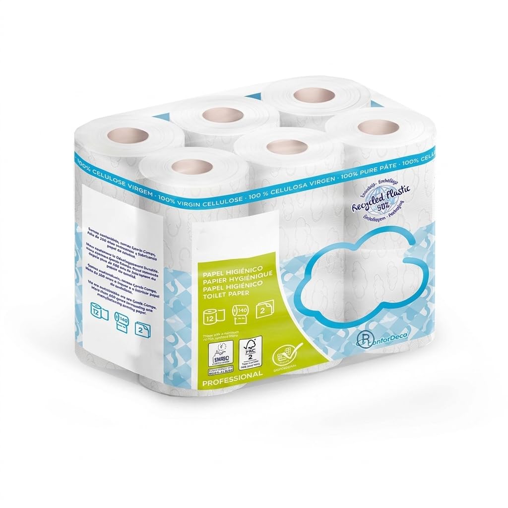 Pack 108 rollos papel higiénico 2 capas pasta celulosa virgen 100 o 140 servicios Ecolabel FSC uso doméstico hostelería oficinas hospitales colegios formato ahorro (140 servicios por rollo)